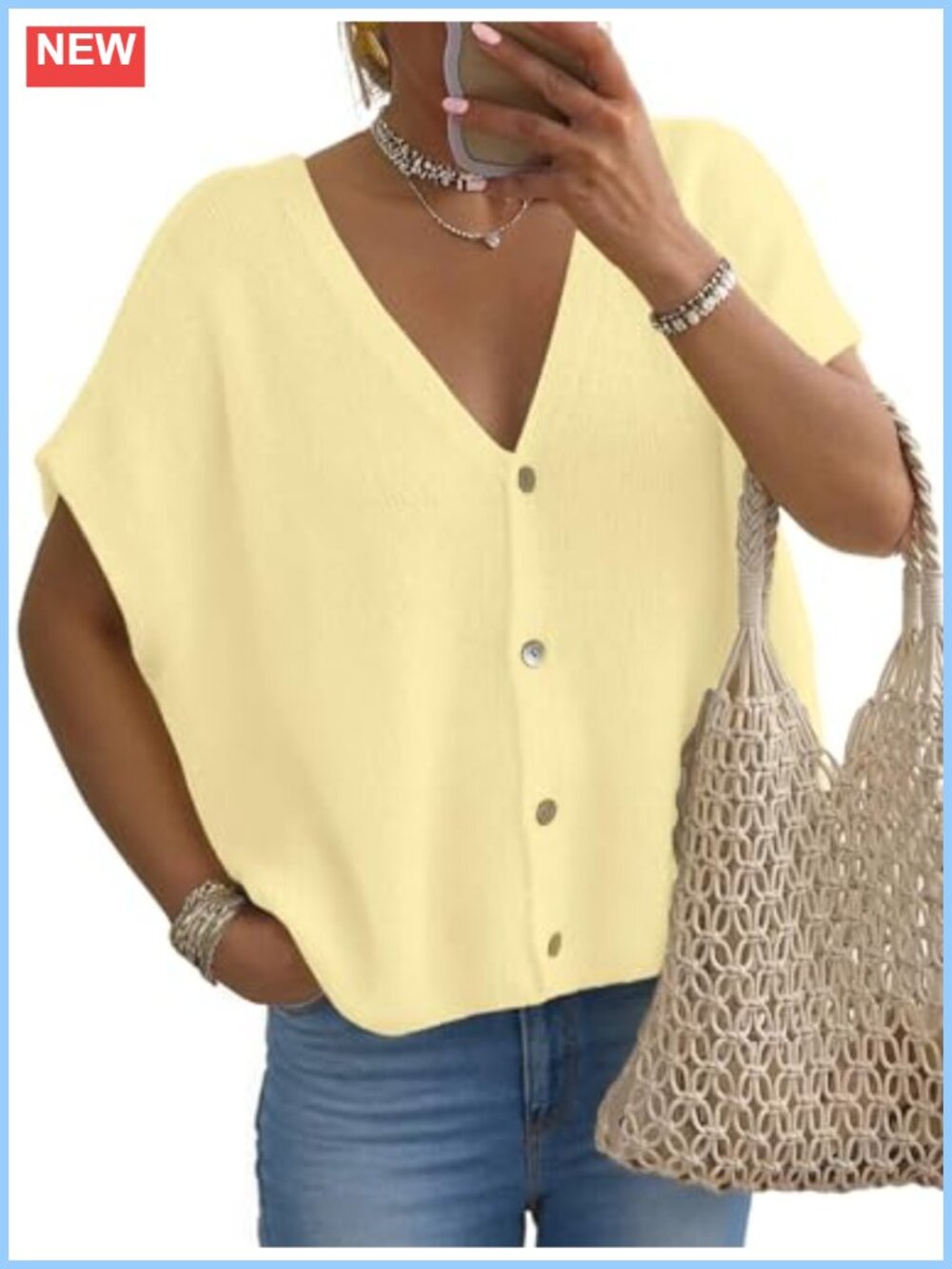 Lightweight Batwing Sleeve Cardigan V-Neck Button Cropped Sweater